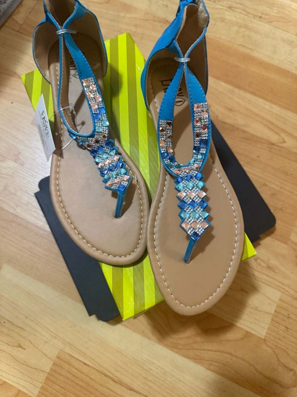Easy USA Women's Blue Rhinestone Embellished T-Strap Flat Sandals with Back Zipp
